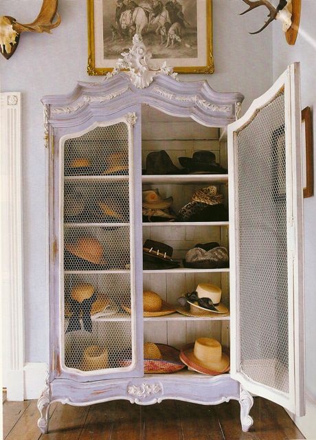 a vintage white cupboard with chicken wire doors for storing hats wil be a cute idea for a girlish space