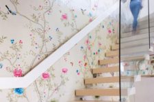 24 chinoiserie-inspired floral wallpaper and neutral stairs that stand out