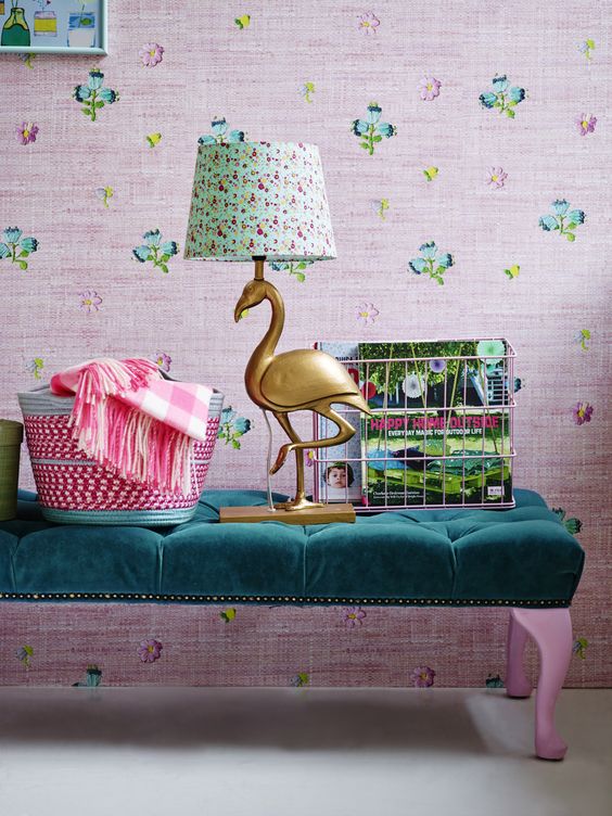 fun gilded flamingo lamp with a floral print lampshade looks very summery