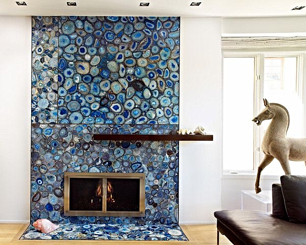 blue agate covered fireplace looks unique and stunning