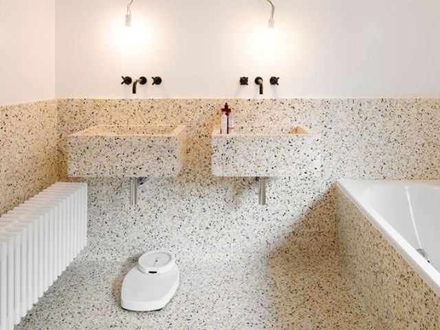 Terrazzo bathroom and sinks is a great idea, it's durable, water resistant and looks unusual