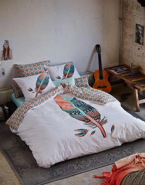 geo and indy feather printed bedding set in turquoise and pink