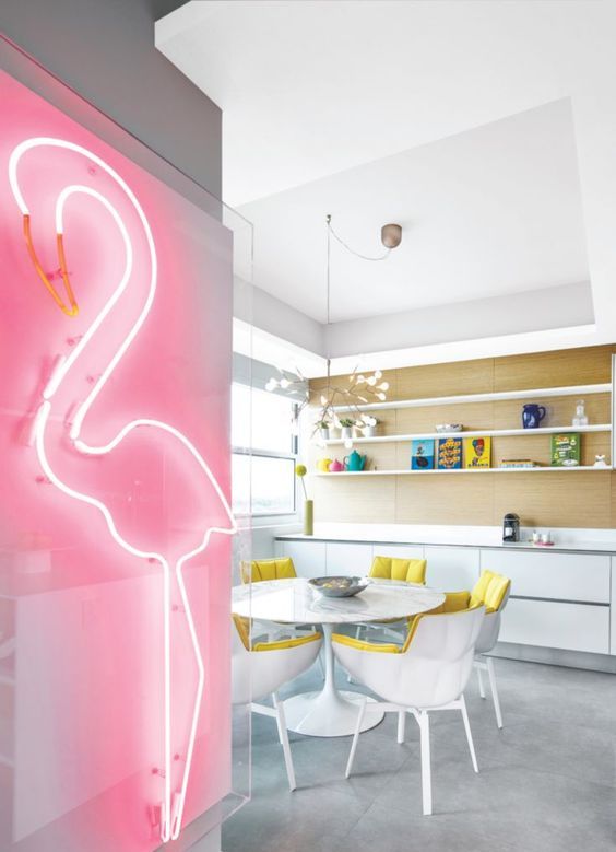 neon pink flamingo sign for a chic modern kitchen