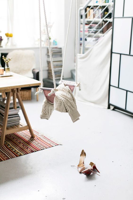 make your own indoor swing as a storage for various light pieces, and it will give a dreamy feel to the room