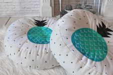 31 round white floor pillow with geo prints and turquoise pineapples