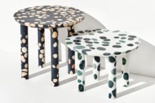 33 white and black terrazzo tables with green and beige inserts