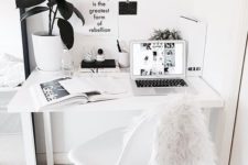 02 this white Nordic home office was made more interesting with a faux fur chair cover