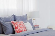 03 blue and white polka dot bedding set with other prints and two acent pillows in white and coral