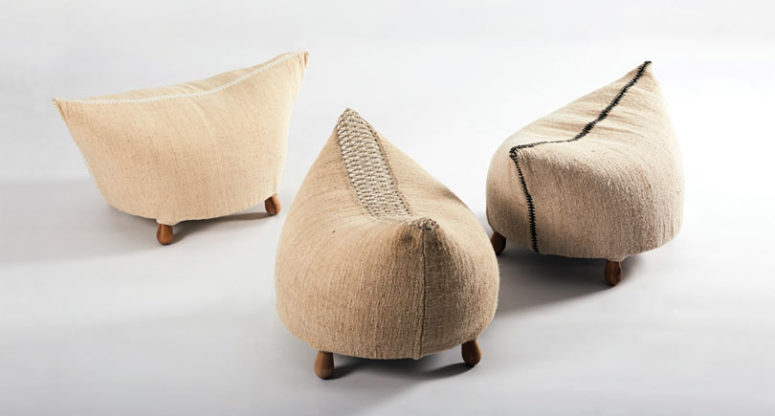 Funny small ottomans or poufs made of linen