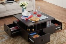 04 a coffee table with open shelving and drawers will save much space