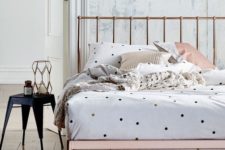 04 small colorful polka dots and neutral pillow cases look whimsy on a copper bed