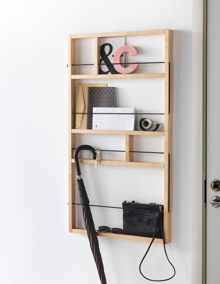 Here's another piece from the collection, a wooden plank shelf for the entryway