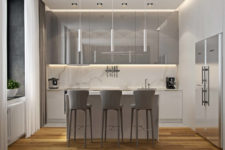 06 White marble, white cabinets and light grey lit up cabinets and chairs look soothing and heavenly