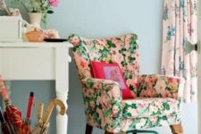 07 a cozy feminine room is made even softer with floral print curtains and a gorgeous pink and green floral chair
