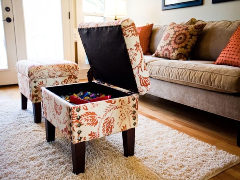 upholstered ottomans or coffee tables with storage space inside is a great idea for any tight space