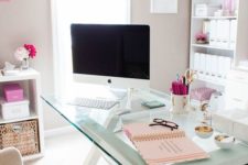 07 white wooden trestle legs and a glass tabletop for a cute modern girlish home office