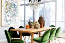 08 a dining space is enlivened and spruced up with emerald velvet dining chairs with brass legs