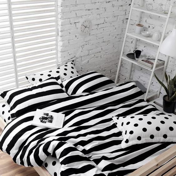 black and white striped and polka dot bedding will be a nice choice for many bedroom styles