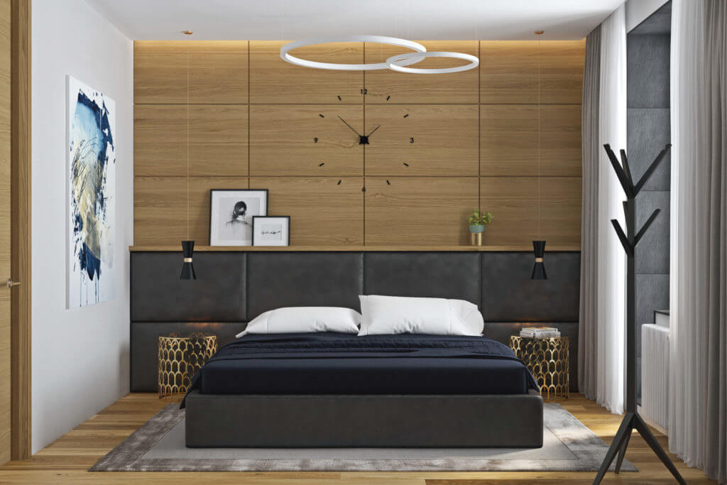 The master bedroom features a wooden clock wall, an extended leather headboard and a leather upholstered bed