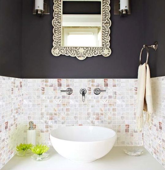 mother or pearl small square tiles for an eye-catchy bathroom backsplash