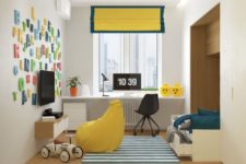 10 The kid’s room is done in white, teal and yellow, the study zone is taken to a windowsill, which is a great space solution