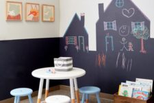 10 a drawing and painting zone with a chalkboard wall, a table and stools and kids’ art pieces on the wall