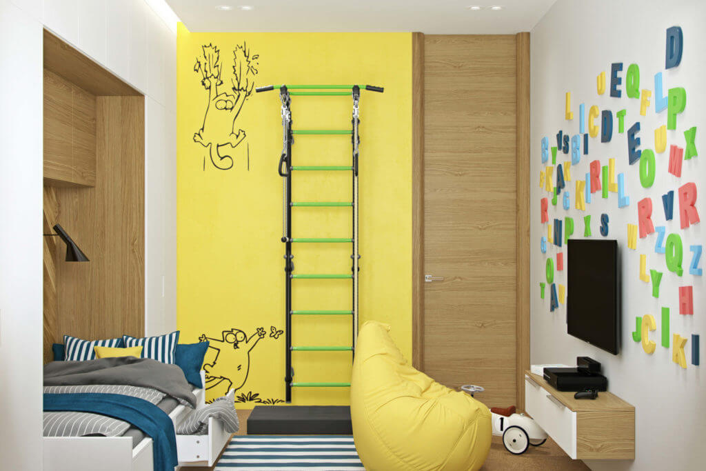 Bold yellow accents make the space lively and cool