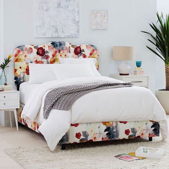 make your bedroom cozier and cuter upholstering the whole bed with floral fabric