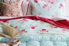 11 mint blue, white and pink bedding set with polka dots, floral prints and stripes