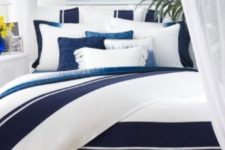12 coast and beach inspired bedding set with large navy and indigo stripes