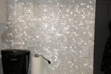 12 shiny mother of pearl hexagon tiles for a kitchen backsplash cheers up a white kitchen