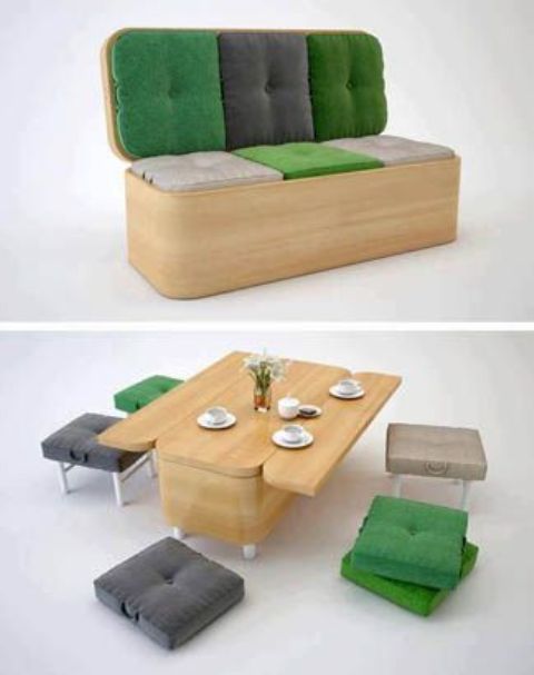 a modern sofa can be turned into a dining table and some poufs and stools