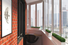 15 The balcony is covered with faux red brick, there’s a small working space