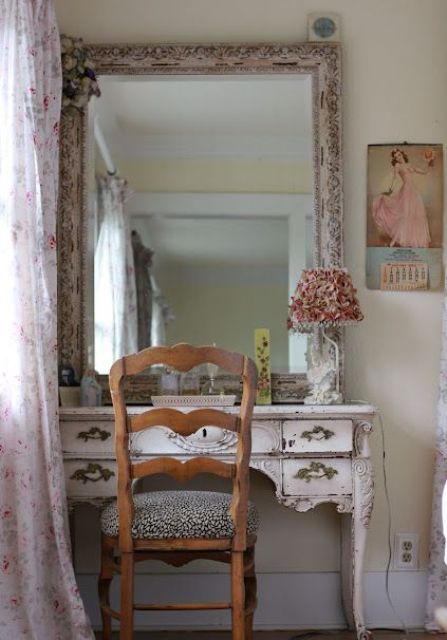 an antique desk painted blush can be used as a vanity in a girl's bedroom, looks very refined and chic