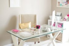 15 glam girlish home office with a trestle wooden leg desk and a glass tabletop for a modern modern feel