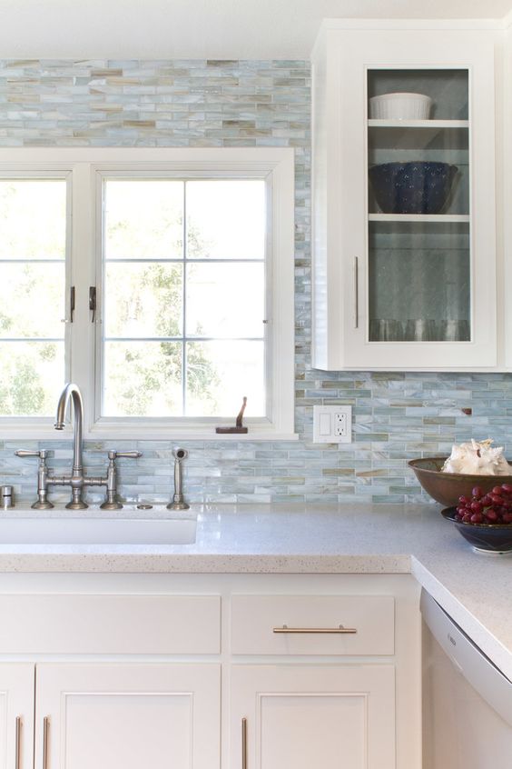 breathtaking mother of pearl tiles in blue shades for a gorgeous kitchen backsplash