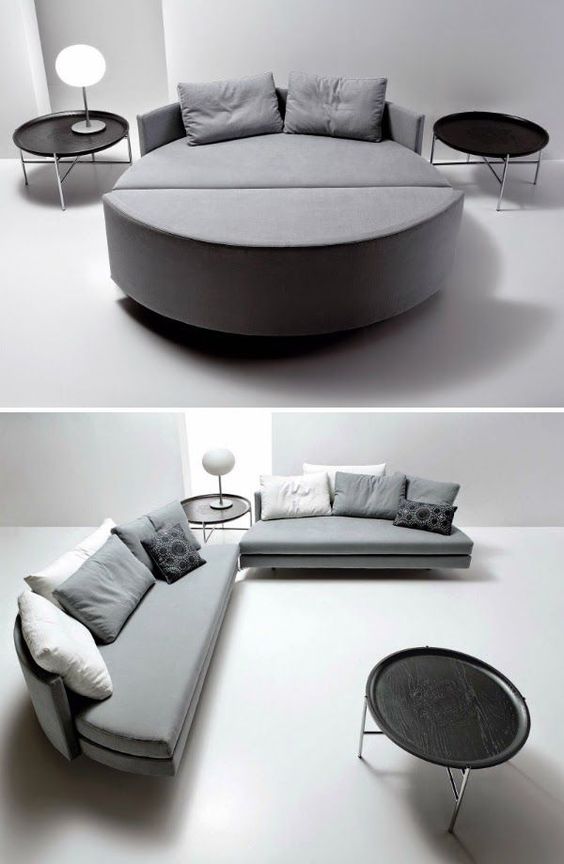 a cozy round upholstered bed can be turned into two cool sofas, which is great for one-room apartments