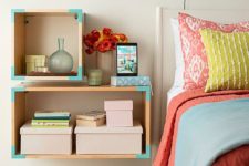 18 wooden boxes turned into cool nightstands and decorated with turquoise washi tape