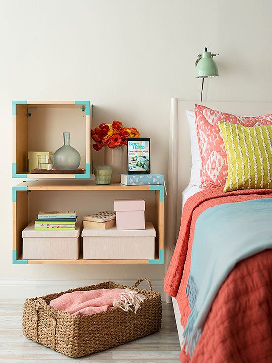 wooden boxes turned into cool nightstands and decorated with turquoise washi tape