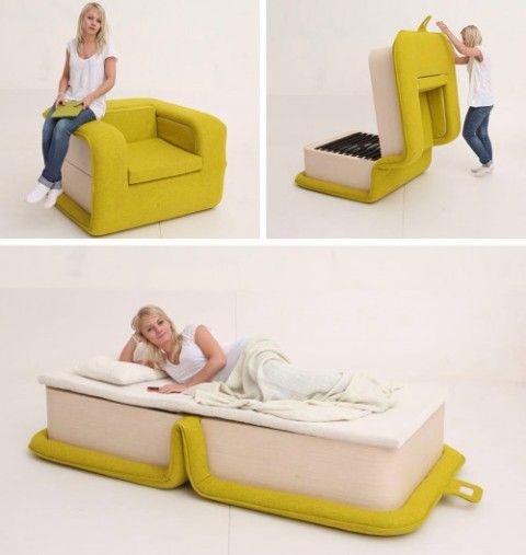 a comfy colorful chair with a modern design becomes a cool daybed