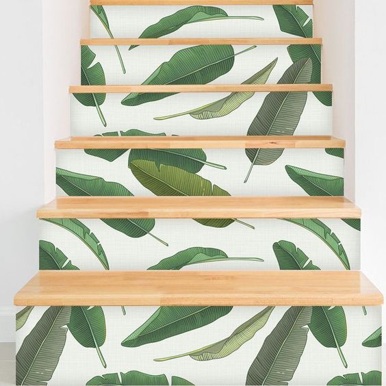 banana leaf wallpaper used for sprucing up the stairs for summer