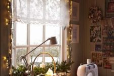 20 a cozy sewing room with string lights, a table and an inspiration wall with photos