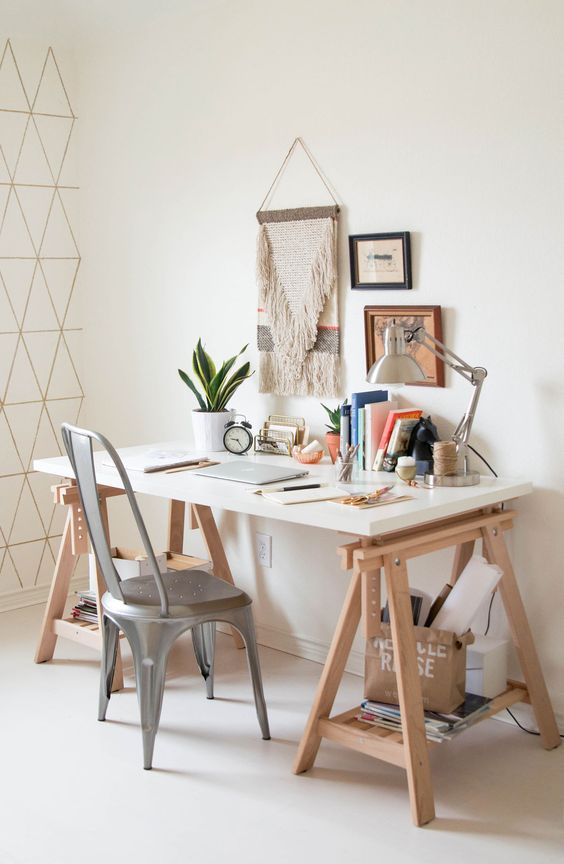 a trestle desk like this one is a perfect for a boho home office with a vintage feel