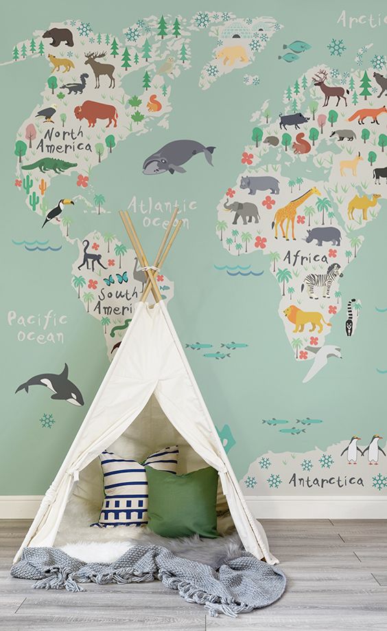 map wall mural will help your kid to learn geography and will look cool