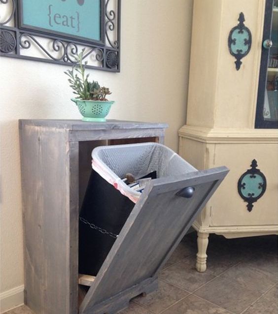 rustic weathered wood tilt out trash cabinet won't take much space