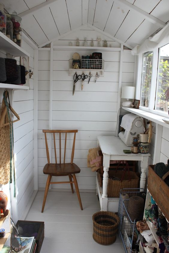 a tiny sewing room can be your hobby oasis - use your she shed the best way possible