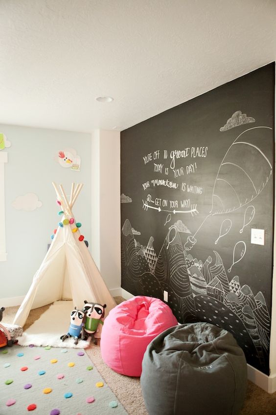 a chalkboard wall is the best way to encourage creativity and keep walls cool