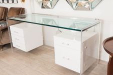 23 a glass desk looks ethereal, and drawers seem to be floating in the air