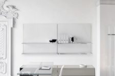 25 clear glass desk in an ultra-minimalist white and grey home office