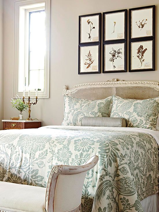 muted green botanical print bedding set for a vintage-styled bedroom